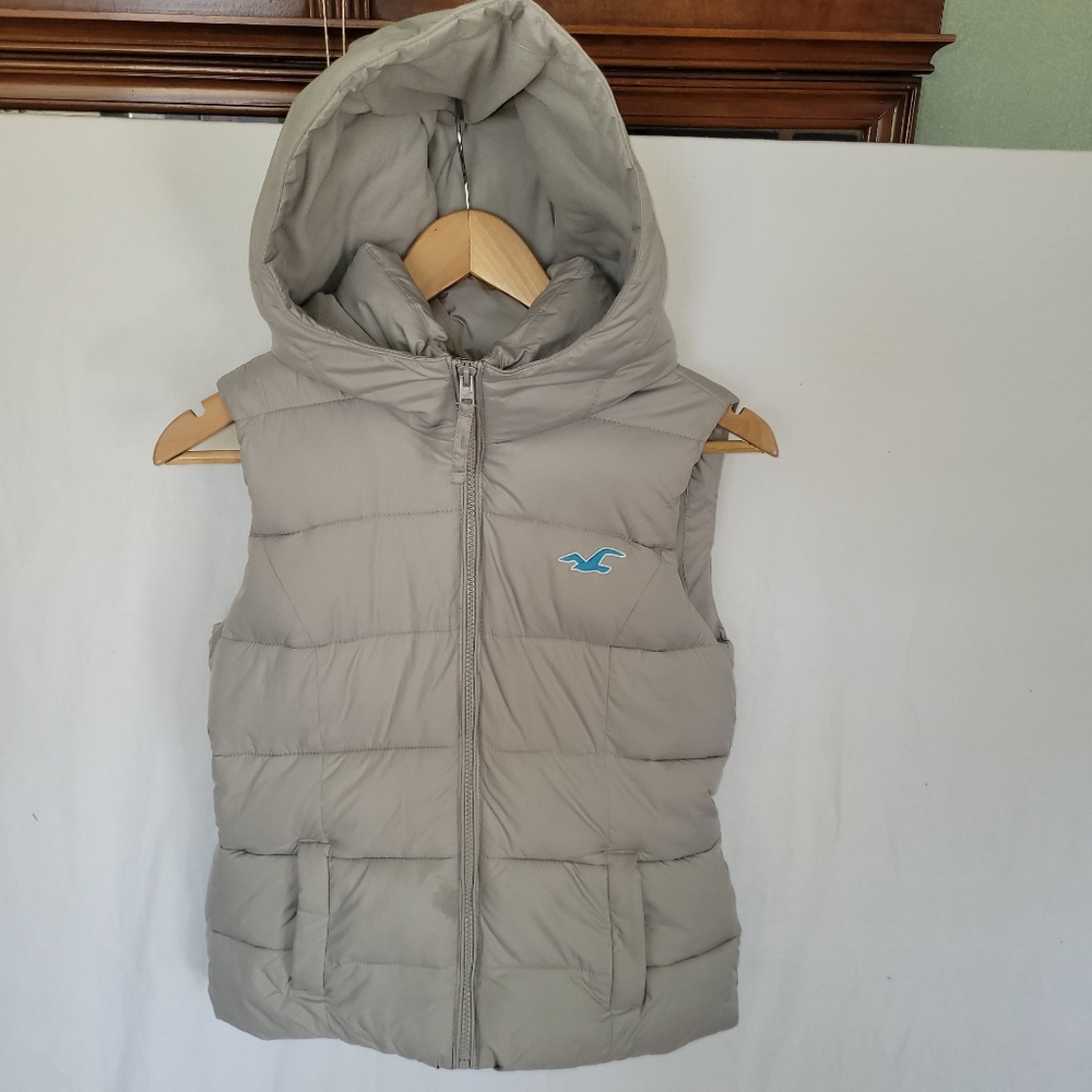 HOLLISTER Puffy Vest Hoodie Gray Size S Pockets Puff Collar Outdoor Cozy